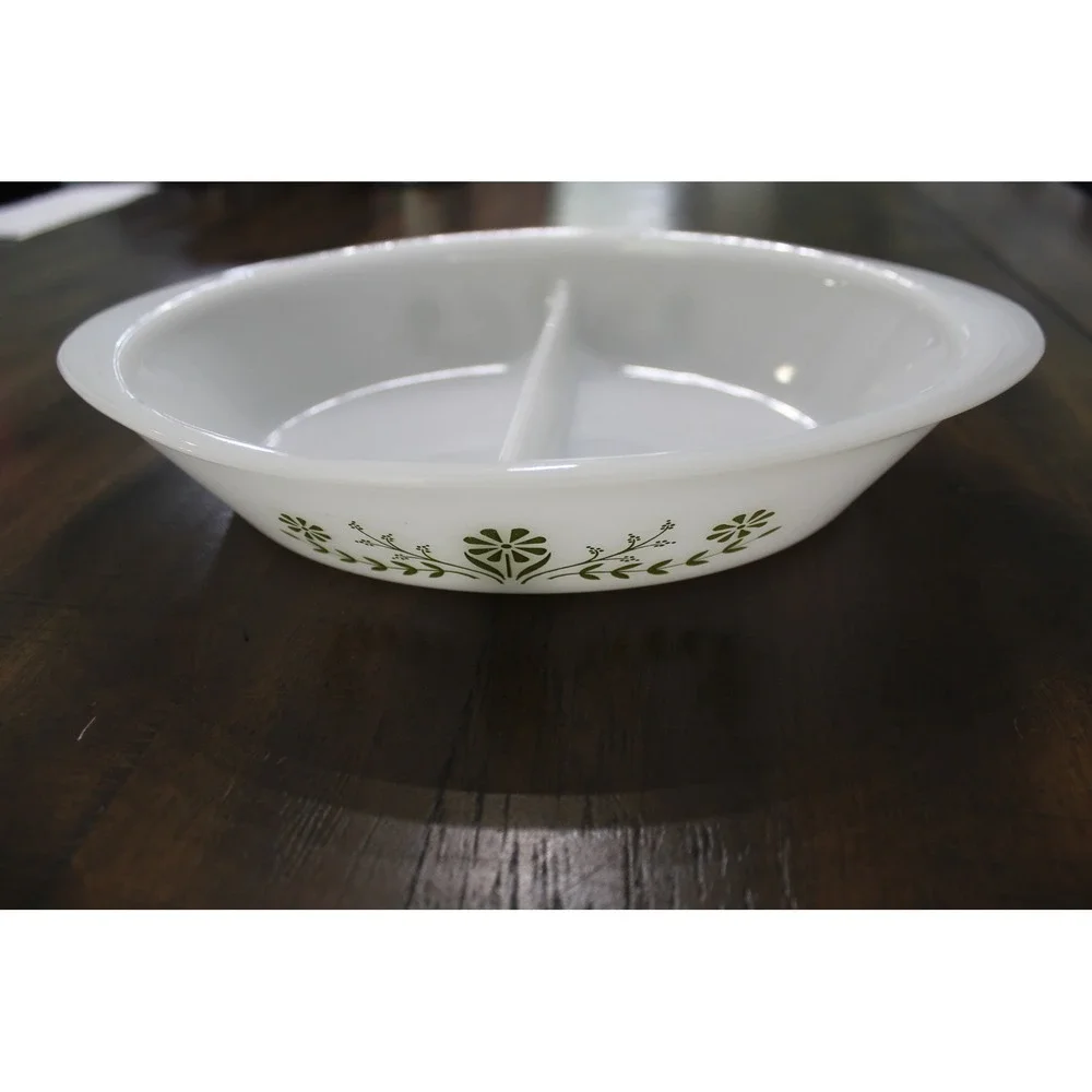 Glasbake J2352 MilkGlass Divided Serving Dish Green Floral Oval Bakeware Vintage